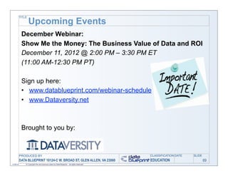 TITLE

                   Upcoming Events
            December Webinar:
            Show Me the Money: The Business Value of Data and ROI
            December 11, 2012 @ 2:00 PM – 3:30 PM ET
            (11:00 AM-12:30 PM PT)

            Sign up here:
            • www.datablueprint.com/webinar-schedule
            • www.Dataversity.net



            Brought to you by:



           PRODUCED BY                                                                        CLASSIFICATION DATE   SLIDE
           DATA BLUEPRINT 10124-C W. BROAD ST, GLEN ALLEN, VA 23060                           EDUCATION                     69
11/06/12       © Copyright this and previous years by Data Blueprint - all rights reserved!
 