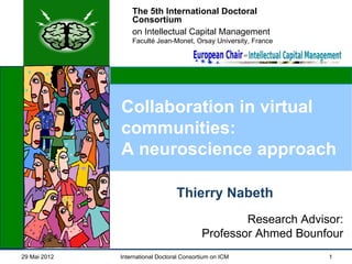 The 5th International Doctoral
                  Consortium
                  on Intellectual Capital Management
                  Faculté Jean-Monet, Orsay University, France




              Collaboration in virtual
              communities:
              A neuroscience approach

                                  Thierry Nabeth
                                                    Research Advisor:
                                            Professor Ahmed Bounfour
29 Mai 2012   International Doctoral Consortium on ICM            1
 