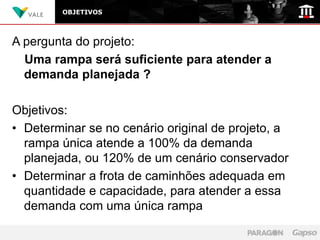 OBJETIVOS



A pergunta do projeto:
  Uma rampa será suficiente para atender a
  demanda planejada ?

Objetivos:
• Determinar se no cenário original de projeto, a
  rampa única atende a 100% da demanda
  planejada, ou 120% de um cenário conservador
• Determinar a frota de caminhões adequada em
  quantidade e capacidade, para atender a essa
  demanda com uma única rampa
 