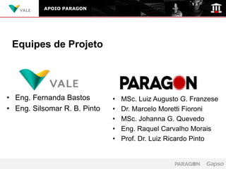 APOIO PARAGON




 Equipes de Projeto




• Eng. Fernanda Bastos        •   MSc. Luiz Augusto G. Franzese
• Eng. Silsomar R. B. Pinto   •   Dr. Marcelo Moretti Fioroni
                              •   MSc. Johanna G. Quevedo
                              •   Eng. Raquel Carvalho Morais
                              •   Prof. Dr. Luiz Ricardo Pinto
 