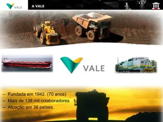 A VALE




– Fundada em 1942. (70 anos)
– Mais de 138 mil colaboradores
– Atuação em 38 países.
 