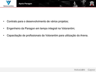 Apoio Paragon




• Contrato para o desenvolvimento de vários projetos;

• Engenheiro da Paragon em tempo integral na Votorantim;

• Capacitação de profissionais da Votorantim para utilização do Arena.
 