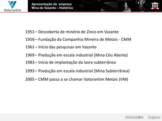 Apresentação da empresa
   Mina de Vazante – Histórico




1951 – Descoberta de minério de Zinco em Vazante
1956 – Fundação da Companhia Mineira de Metais - CMM
1961 – Início das pesquisas em Vazante
1969 – Produção em escala industrial (Mina Céu Aberto)
1983 – Início de implantação da lavra subterrânea
1993 – Produção em escala industrial (Mina Subterrânea)
2005 – CMM passa a se chamar Votorantim Metais (VM)
 