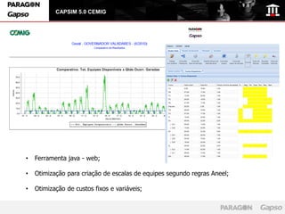 CAPSIM 5.0 CEMIG




•   Ferramenta java - web;

•   Otimização para criação de escalas de equipes segundo regras Aneel;

•   Otimização de custos fixos e variáveis;
 