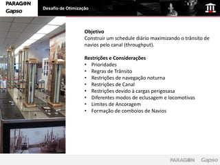 Desafio de Otimização




                   Objetivo
                   Construir um schedule diário maximizando o trânsito de
                   navios pelo canal (throughput).

                   Restrições e Considerações
                   • Prioridades
                   • Regras de Trânsito
                   • Restrições de navegação noturna
                   • Restrições de Canal
                   • Restrições devido à cargas perigosasa
                   • Diferentes modos de eclusagem e locomotivas
                   • Limites de Ancoragem
                   • Formação de comboios de Navios
 