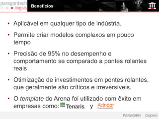 Benefícios



• Aplicável em qualquer tipo de indústria.
• Permite criar modelos complexos em pouco
  tempo
• Precisão de 95% no desempenho e
  comportamento se comparado a pontes rolantes
  reais
• Otimização de investimentos em pontes rolantes,
  que geralmente são críticos e irreversíveis.
• O template do Arena foi utilizado com êxito em
  empresas como:               y
 