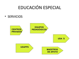 EDUCACIÓN ESPECIAL
• SERVICIOS

                     EQUIPOS
    CENTROS        PEDAGÓGICOS
    PRIVADOS


                                            UDA ´S



          UDAPPS
                                 MAESTROS
                                 DE APOYO
 