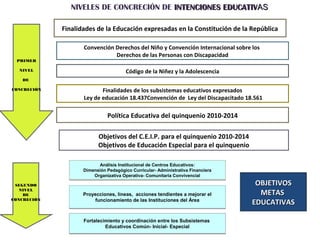 NIVELES DE CONCRECIÓN DE INTENCIONES EDUCATIVAS

             Finalidades de la Educación expresadas en la Constitución de la República

                    Convención Derechos del Niño y Convención Internacional sobre los
                               Derechos de las Personas con Discapacidad
 PRIMER

  NIVEL                                Código de la Niñez y la Adolescencia
   DE

CONCRECIÓN                 Finalidades de los subsistemas educativos expresados
                    Ley de educación 18.437Convención de Ley del Discapacitado 18.561

                              Política Educativa del quinquenio 2010-2014

                          Objetivos del C.E.I.P. para el quinquenio 2010-2014
                          Objetivos de Educación Especial para el quinquenio

                          Análisis Institucional de Centros Educativos:
                    Dimensión Pedagógico Curricular- Administrativa Financiera
                        Organizativa Operativa- Comunitaria Convivencial

 SEGUNDO                                                                           OBJETIVOS
   NIVEL
    DE              Proyecciones, líneas, acciones tendientes a mejorar el          METAS
CONCRECIÓN               funcionamiento de las Instituciones del Área             EDUCATIVAS

                    Fortalecimiento y coordinación entre los Subsistemas
                             Educativos Común- Inicial- Especial
 