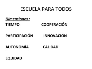ESCUELA PARA TODOS
Dimensiones :
TIEMPO          COOPERACIÓN

PARTICIPACIÓN   INNOVACIÓN

AUTONOMÍA       CALIDAD

EQUIDAD
 