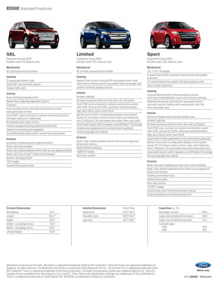 EDGE Standard Features




SEL                                                                Limited                                                             Sport
Equipment Group 200A                                               Equipment Group 300A                                                Equipment Group 400A
Includes select SE features, plus:                                 Includes select SEL features, plus:                                 Includes select SEL features, plus:

Mechanical                                                         Mechanical                                                          Mechanical
18" painted aluminum wheels                                        18" chrome-clad aluminum wheels                                     3.7L Ti-VCT V6 engine
                                                                                                                                       6-speed SelectShift Automatic transmission with paddle
Seating                                                            Seating                                                             activation
10-way power driver’s seat                                         Heated front bucket seats with 10-way power driver’s seat           22" polished aluminum wheels with black spoke accents
EasyFold® rear seat back release                                   with memory feature and 10-way power front-passenger seat
                                                                                                                                       Sport-tuned suspension
Unique cloth seats                                                 Leather-trimmed seating surfaces
                                                                                                                                       Seating
Interior                                                           Interior
                                                                                                                                       Charcoal Black leather-trimmed seating surfaces
Auto-dimming rearview mirror                                       Ambient lighting                                                    with Silver Smoke Metallic inserts and contrast stitching
Below-floor Cargo Management System                                Brushed-aluminum finish on front door-sill scuff plates             Heated front bucket seats with 10-way power driver’s
Compass                                                            Ford SYNC voice-activated, in-vehicle connectivity system           seat with memory feature and 6-way power, fold-flat
                                                                   with SYNC Services for Traffic, Directions and Information          front-passenger seat
Dual-zone electronic automatic temperature control
with particulate air filter                                        High-gloss Black center stack finish
                                                                                                                                       Interior
Ford SYNC® voice-activated, in-vehicle connectivity system         MyFord Touch® with 2 configurable displays in instrument
                                                                   cluster; 8" LCD touch screen in center stack; and media hub         Aluminum brake and accelerator pedal covers
(includes USB port in media hub)
                                                                   with 2 USB ports, SD card reader and audio/video input jacks        Ambient lighting
Illuminated visor vanity mirrors
                                                                   Sony® Audio System with 12 speakers and HD Radio™ Technology        Brushed-aluminum finish on front door-sill scuff plates
Leather-wrapped steering wheel and shift knob
                                                                   Unique wood appearance instrument panel appliqués                   Ford SYNC voice-activated, in-vehicle connectivity system
Pewter instrument panel appliqués
                                                                   Universal garage door opener                                        with SYNC Services for Traffic, Directions and Information
SiriusXM Satellite Radio with 6-month trial subscription
                                                                                                                                       High-gloss Black center stack finish
                                                                   Exterior                                                            Liquid Silver Smoke appearance instrument panel appliqués
Exterior
                                                                   Body-color, heated sideview mirrors with security approach          MyFord Touch with 2 configurable displays in instrument
Automatic headlamps with wiper activation                          lamps and memory
Body-color door handles                                                                                                                cluster; 8" LCD touch screen in center stack; and media hub
                                                                   Bright beltline moldings                                            with 2 USB ports, SD card reader and audio/video input jacks
Body-color, heated sideview mirrors with security approach lamps   “LIMITED” badge                                                     Sony Audio System with 12 speakers and HD Radio Technology
Body-color SecuriCode™ keyless entry keypad                        Rear view camera                                                    Universal garage door opener
Reverse Sensing System
“SEL” badge                                                                                                                            Exterior
Supplemental park lamps                                                                                                                Body-color door cladding and side-skirt rocker moldings
                                                                                                                                       Body-color, heated sideview mirrors with security approach
                                                                                                                                       lamps and memory
                                                                                                                                       Chrome, oval exhaust tips
                                                                                                                                       Painted black grille
                                                                                                                                       Rear view camera
                                                                                                                                       “SPORT” badge
                                                                                                                                       Unique body-color front and rear lower fascias
                                                                                                                                       Unique headlamp and taillamp treatment




Exterior Dimensions                                                      Interior Dimensions                    Front/Rear                           Capacities (cu. ft.)
Wheelbase                                 111.2"                         Head room                              40.0"/39.3"                          Passenger volume                      108.4
Length                                   184.2"                          Shoulder room                          58.9"/58.7"                          Cargo volume behind front seats        68.9
Height                                    67.0"                          Leg room                               40.7"/39.6"                          Cargo volume behind rear seats         32.2
Width – Excluding mirrors                 76.0"                                                                                                      Fuel tank (gal.)
Width – Including mirrors                 87.5"                                                                                                        FWD                                  18.0
                                                                                                                                                       AWD                                  19.0
Liftover height                           30.8"




Dimensions may vary by trim level. Microsoft is a registered trademark of Microsoft Corporation. iPod and iTunes are registered trademarks of
Apple Inc. All rights reserved. The Bluetooth word mark is a trademark of the Bluetooth SIG, Inc. The term Wi-Fi® is a registered trademark of the
Wi-Fi Alliance.® Sony is a registered trademark of the Sony Corporation. HD Radio is a proprietary trademark of iBiquity Digital Corp. Sirius U.S.
Satellite Service available in the 48 contiguous U.S.A. and D.C. Sirius, XM and all related marks and logos are trademarks of Sirius XM Radio Inc.
THULE is a registered trademark of Thule Sweden AB. INVISION is a trademark of Audiovox Corporation.                                                                         2012 EDGE ford.com
 