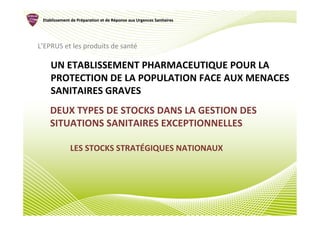 Etablissement de Préparation et de Réponse aux Urgences Sanitaires
                  Pré               Ré




L’EPRUS et les produits de santé

    UN ETABLISSEMENT PHARMACEUTIQUE POUR LA
    PROTECTION DE LA POPULATION FACE AUX MENACES
    SANITAIRES GRAVES
    DEUX TYPES DE STOCKS DANS LA GESTION DES
    SITUATIONS SANITAIRES EXCEPTIONNELLES

              LES STOCKS STRATÉGIQUES NATIONAUX
 