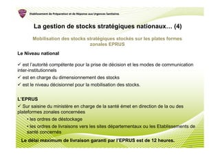 Etablissement de Préparation et de Réponse aux Urgences Sanitaires
                      Pré               Ré



        La gestion de stocks stratégiques nationaux… (4)
       Mobilisation des stocks stratégiques stockés sur les plates formes
                                zonales EPRUS
Le Niveau national

   est l’autorité compétente pour la prise de décision et les modes de communication
inter-institutionnels
  est en charge du dimensionnement des stocks
  est le niveau décisionnel pour la mobilisation des stocks.


L’EPRUS
   Sur saisine du ministère en charge de la santé émet en direction de la ou des
plateformes zonales concernées
    • les ordres de déstockage
    • les ordres de livraisons vers les sites départementaux ou les Etablissements de
    santé concernés
 Le délai maximum de livraison garanti par l’EPRUS est de 12 heures.
                                                                                   14
 