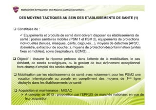 Etablissement de Préparation et de Réponse aux Urgences Sanitaires
                   Pré               Ré


 DES MOYENS TACTIQUES AU SEIN DES ETABLISSEMENTS DE SANTE (1)


Constitués de :
    Equipements et produits de santé dont doivent disposer les établissements de
 santé : postes sanitaires mobiles (PSM 1 et PSM 2), équipements de protections
 individuelles (tenues, masques, gants, cagoules…), moyens de détection (AP2C,
 dosimètre, extracteur de souche..), moyens de protection/décontamination (unités
 fixes et mobiles), soins (respirateurs, ECMO)…

Objectif : Assurer la réponse précoce dans l’attente de la mobilisation, le cas
échéant, de stocks stratégiques, ou la gestion de tout évènement exceptionnel
hors champ d’emploi des stocks stratégiques

Mobilisation par les établissements de santé avec notamment pour les PSM2 une
vocation interrégionale ou zonale en complément des moyens de 1ère ligne
déployés dans les établissements de santé

Acquisition et maintenance : MIGAC
    A compter de 2013 : proposition par l’EPRUS de marchés nationaux en vue de
    leur acquisition
 
