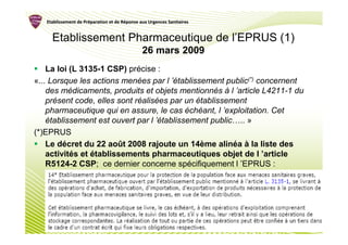 Etablissement de Préparation et de Réponse aux Urgences Sanitaires
                    Pré               Ré


     Etablissement Pharmaceutique de l’EPRUS (1)
                                               26 mars 2009
    La loi (L 3135-1 CSP) précise :
«... Lorsque les actions menées par l ’établissement public(*) concernent
    des médicaments, produits et objets mentionnés à l ’article L4211-1 du
    présent code, elles sont réalisées par un établissement
    pharmaceutique qui en assure, le cas échéant, l ’exploitation. Cet
    établissement est ouvert par l ’établissement public….. »
(*)EPRUS
    Le décret du 22 août 2008 rajoute un 14ème alinéa à la liste des
    activités et établissements pharmaceutiques objet de l ’article
    R5124-2 CSP; ce dernier concerne spécifiquement l ’EPRUS :
 