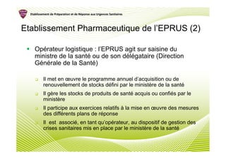 Etablissement de Préparation et de Réponse aux Urgences Sanitaires
                   Pré               Ré



Etablissement Pharmaceutique de l’EPRUS (2)

     Opérateur logistique : l’EPRUS agit sur saisine du
     ministre de la santé ou de son délégataire (Direction
     Générale de la Santé)

           Il met en œuvre le programme annuel d’acquisition ou de
           renouvellement de stocks défini par le ministère de la santé
           Il gère les stocks de produits de santé acquis ou confiés par le
           ministère
           Il participe aux exercices relatifs à la mise en œuvre des mesures
           des différents plans de réponse
           Il est associé, en tant qu’opérateur, au dispositif de gestion des
           crises sanitaires mis en place par le ministère de la santé
 