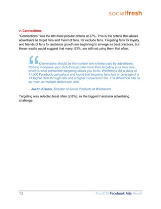 socialfresh

v. Connections
“Connections” was the 6th most popular criteria at 37%. This is the criteria that allows
advertisers to target fans and friend of fans. Or exclude fans. Targeting fans for loyalty
and friends of fans for audience growth are beginning to emerge as best practices, but
these results would suggest that many, 63%, are still not using them that often.



               Connections should be the number one criteria used by advertisers.
       Nothing increases your click-through rate more than targeting your own fans,
       which is what connection targeting allows you to do. Webtrends did a study of
       11,000 Facebook campaigns and found that targeting fans has an average of a
       7X higher click-through rate and a higher conversion rate. The difference can be
       as much as multiple dollars per click.

       – Justin Kistner, Director of Social Products at Webtrends

Targeting was selected least often (2.8%), as the biggest Facebook advertising
challenge.




13                                                       The 2012 Facebook Ads Report
 