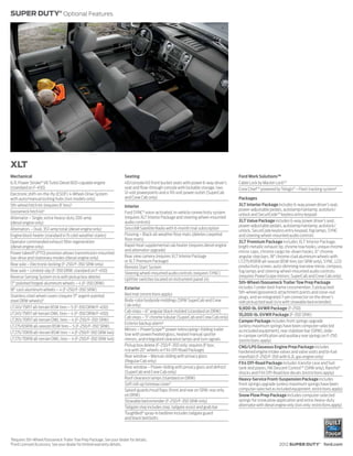 SUPER DUTY® Optional Features




XLT
Mechanical                                                               Seating                                                      Ford Work Solutions™
6.7L Power Stroke® V8 Turbo Diesel B20-capable engine                    40/console/40 front bucket seats with power 6-way driver’s   Cable Lock by Master Lock® 2
(standard on F-450)                                                      seat and flow-through console with lockable storage, two     Crew ChiefTM powered by Telogis® – Fleet tracking system2
Electronic shift-on-the-fly (ESOF) 4-Wheel-Drive System                  12-volt powerpoints and a 110-volt power outlet (SuperCab
with auto/manual locking hubs (4x4 models only)                          and Crew Cab only)                                           Packages
5th-wheel hitch kit (requires 8' box)1                                   Interior                                                     XLT Interior Package includes 6-way power driver’s seat,
Gooseneck hitch kit 1                                                                                                                 power-adjustable pedals, autolamp/rainlamp, autolock/
                                                                         Ford SYNC® voice-activated, in-vehicle connectivity system   unlock and SecuriCodeTM keyless entry keypad
Alternator – Single, extra-heavy-duty 200-amp                            (requires XLT Interior Package and steering wheel-mounted
(diesel engine only)                                                     audio controls)                                              XLT Value Package includes 6-way power driver’s seat,
                                                                                                                                      power-adjustable pedals, autolamp/rainlamp, autolock/
Alternators – Dual, 357-amp total (diesel engine only)                   SiriusXM Satellite Radio with 6-month trial subscription
                                                                                                                                      unlock, SecuriCode keyless entry keypad, fog lamps, SYNC
Engine block heater (standard in 15 cold-weather states)                 Flooring – Black all-weather floor mats (deletes carpeted    and steering wheel-mounted audio controls
                                                                         floor mats)
Operator commanded exhaust filter regeneration                                                                                        XLT Premium Package includes XLT Interior Package,
(diesel engine only)                                                     Rapid-heat supplemental cab heater (requires diesel engine   bright metallic exhaust tip, chrome tow hooks, unique chrome
                                                                         and alternator upgrade)                                      mirror caps, chrome cargo tie-down hooks, 6" chrome
Power takeoff (PTO) provision allows transmission-mounted
live-drive and stationary modes (diesel engine only)                     Rear view camera (requires XLT Interior Package              angular step bars, 18" chrome-clad aluminum wheels with
                                                                         or XLT Premium Package)                                      LT275/65R18 all-season BSW tires (on SRW only), SYNC, LCD
Rear axle – Electronic-locking (F-250/F-350 SRW only)                                                                                 productivity screen, auto-dimming rearview mirror, compass,
                                                                         Remote Start System
Rear axle – Limited-slip (F-350 DRW; standard on F-450)                                                                               fog lamps and steering wheel-mounted audio controls
                                                                         Steering wheel-mounted audio controls (requires SYNC)
Reverse Sensing System (n/a with pickup box delete)                                                                                   (requires PowerScope mirrors; SuperCab and Crew Cab only)
                                                                         Upfitter switches located on instrument panel (4)
17" polished forged-aluminum wheels – 4 (F-350 DRW)                                                                                   5th-Wheel/Gooseneck Trailer Tow Prep Package
                                                                         Exterior                                                     includes 1 under-bed-frame crossmember, 5 pickup bed
18" cast-aluminum wheels – 4 (F-250/F-350 SRW)
                                                                         Bed mat (restrictions apply)                                 5th-wheel/gooseneck attachment points and close-out
Stainless steel wheel covers (require 17" argent-painted                                                                              plugs, and an integrated 7-pin connector on the driver’s
steel DRW wheels)2                                                       Body-color bodyside moldings (SRW SuperCab and Crew          side pickup bed wall (n/a with stowable bed extender)
LT245/75R17 all-terrain BSW tires – 5 (F-350 DRW/F-450)                  Cab only)
                                                                                                                                      9,900-lb. GVWR Package (F-250)
                                                                         Cab steps – 6" angular black molded (standard on DRW)
LT245/75R17 all-terrain OWL tires – 4 (F-350 DRW/F-450)                                                                               10,000-lb. GVWR Package (F-350 SRW)
                                                                         Cab steps – 5" chrome tubular (SuperCab and Crew Cab only)
LT265/70R17 all-terrain OWL tires – 4 (F-250/F-350 SRW)                                                                               Camper Package includes front springs upgrade
                                                                         Exterior backup alarm 2
LT275/65R18 all-season BSW tires – 5 (F-250/F-350 SRW)                                                                                (unless maximum springs have been computer-selected
                                                                         Mirrors – PowerScope™ power-telescoping/-folding trailer     as included equipment), rear stabilizer bar (SRW), slide-
LT275/70R18 all-terrain BSW tires – 4 (F-250/F-350 SRW 4x4)              tow with power/heated glass, heated manual spotter           in-camper certification and auxiliary rear springs on F-250
LT275/70R18 all-terrain OWL tires – 4 (F-250/F-350 SRW 4x4)              mirrors, and integrated clearance lamps and turn signals     (restrictions apply)
                                                                         Pickup box delete (F-250/F-350 only; requires 8' box;        CNG/LPG Gaseous Engine Prep Package includes
                                                                         n/a with 20" wheels or FX4 Off-Road Package)                 hardened engine intake valves and valve seats and bi-fuel
                                                                         Rear window – Manual-sliding with privacy glass              manifold (F-250/F-350 with 6.2L gas engine only)
                                                                         (Regular Cab only)                                           FX4 Off-Road Package includes transfer case and fuel
                                                                         Rear window – Power-sliding with privacy glass and defrost   tank skid plates, Hill Descent ControlTM (SRW only), Rancho®
                                                                         (SuperCab and Crew Cab only)                                 shocks and FX4 Off-Road box decals (restrictions apply)
                                                                         Roof clearance lamps (standard on DRW)                       Heavy-Service Front-Suspension Package includes
                                                                         Soft roll-up tonneau cover 2                                 front springs upgrade (unless maximum springs have been
                                                                         Splash guards/mud flaps (front and rear on SRW; rear only    computer-selected as included equipment; restrictions apply)
                                                                         on DRW)                                                      Snow Plow Prep Package includes computer-selected
                                                                         Stowable bed extender (F-250/F-350 SRW only)                 springs for snow plow application and extra-heavy-duty
                                                                         Tailgate step includes step, tailgate assist and grab bar    alternator with diesel engine only (4x4 only; restrictions apply)
                                                                         ToughBed® spray-in bedliner includes tailgate guard
                                                                         and black bed bolts



1
    Requires 5th-Wheel/Gooseneck Trailer Tow Prep Package. See your dealer for details.
2
    Ford Licensed Accessory. See your dealer for limited warranty details.                                                                                     2012 SUPER DUTY® ford.com
 