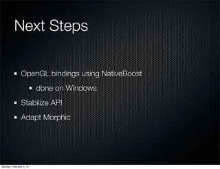 Next Steps

               OpenGL bindings using NativeBoost
                         done on Windows
               Stabi...