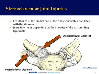 Sternoclavicular	
  Ligament	
  
Costoclavicular	
  Ligament	
  
¡  Less than ½ of the medial end of the clavicle usually articulates
with the sternum!
¡  Joint Stability is dependent on the integrity of the surrounding
ligaments!
6	
  Gray’s	
  Anatomy,	
  Wikimedia	
  Commons	
  
 