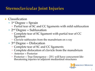 ¡  Classiﬁcation!
§  1st Degree = Sprain !
▪  Partial tear of SC and CC ligaments with mild subluxation!
§  2nd Degree = Subluxation!
▪  Complete tear of SC ligament with partial tear of CC
ligament!
▪  Clavicle subluxates from the manubrium on x-ray!
§  3rd Degree = Dislocation!
▪  Complete tear of SC and CC ligaments!
▪  Complete dislocation of clavicle from the manubrium!
▪  Anterior > Posterior!
▪  Posterior = True Emergency – 25% will have concurrent life-
threatening injuries to adjacent mediastinal structures!
7	
  
 