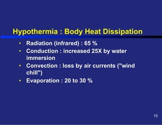 Hypothermia : Body Heat Dissipation
•  Radiation (infrared) : 65 %
•  Conduction : increased 25X by water
immersion
•  Convection : loss by air currents ("wind
chill")
•  Evaporation : 20 to 30 %

10

 