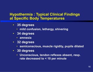 Hypothermia : Typical Clinical Findings
at Specific Body Temperatures
•  35 degrees
•  mild confusion, lethargy, shivering

•  34 degrees
•  amnesia

•  32 degrees
•  semiconscious, muscle rigidity, pupils dilated

•  30 degrees
•  Unconscious, tendon reflexes absent, resp.
rate decreased to < 10 per minute
16

 