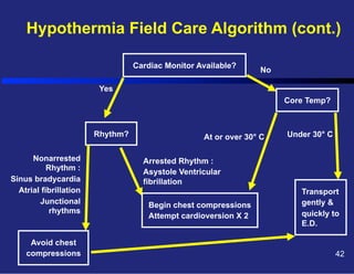 Hypothermia Field Care Algorithm (cont.)
Cardiac Monitor Available?

No

Yes
Core Temp?

Rhythm?
Nonarrested
Rhythm :
Sinus bradycardia
Atrial fibrillation
Junctional
rhythms

Avoid chest
compressions

At or over 30° C

Under 30° C

Arrested Rhythm :
Asystole Ventricular
fibrillation
Begin chest compressions
Attempt cardioversion X 2

Transport
gently &
quickly to
E.D.

42

 