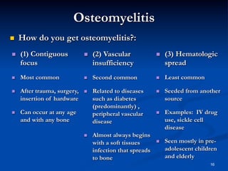 Osteomyelitis
 

How do you get osteomyelitis?:

 

(1) Contiguous
focus

 

(2) Vascular
insufficiency

 

(3) Hematologic
spread

 

Most common

 

Second common

 

Least common

 

After trauma, surgery,
insertion of hardware

 

 

Seeded from another
source

 

Can occur at any age
and with any bone

Related to diseases
such as diabetes
(predominantly) ,
peripheral vascular
disease

 

Examples: IV drug
use, sickle cell
disease

 

Seen mostly in preadolescent children
and elderly

 

Almost always begins
with a soft tissues
infection that spreads
to bone

16

 