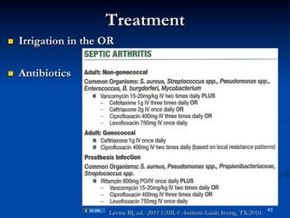 Treatment
 

Irrigation in the OR

 

Antibiotics

Levine BJ, ed. 2011 EMRA Antibiotic Guide; Irving, TX:2010.

43

 