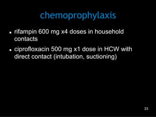 chemoprophylaxis
n 

n 

rifampin 600 mg x4 doses in household
contacts
ciprofloxacin 500 mg x1 dose in HCW with
direct contact (intubation, suctioning)

33

 