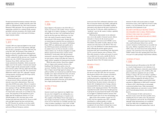 Analysis of                                                                                                                                                                                                                Analysis of
the results                                                                                                                                                                                                                the results




Zealand maintained harmonious relations with most        Japan: 5th PLACE                                             recent years have led to substantial reductions in the      measures of safety and security point to a largely
neighbouring countries, notably Australia, links with                                                                 fleet of armoured vehicles and artillery, although the      harmonious society, with a high level of trust in other
which are underpinned by the 1983 Closer Economic
                                                         1.326                                                        controversial procurement of Eurofighter Typhoon            citizens, a very low homicide rate and a very small
Relations (CER) agreement. The two governments are       Japan slipped to 5th position in the 2012 GPI, as a          interceptors went ahead and the Joint-Command Air           proportion of the population in jail.
negotiating a protocol on a common border, pension       result of an increase in the number of heavy weapons         Force now has 15 of the jets, which contributes to a
                                                                                                                                                                                  Ireland’s historically neutral stance
portability and joint investment, all of which would     and a slight rise in military spending as a proportion       “moderate” score for the country’s military capability
                                                                                                                                                                                  has required only a small professional
move the countries closer to their goal of forming a     of GDP. There was also a rise in the Political Terror        and sophistication.
single economic market.                                                                                                   Offsetting the improvements in two indicators
                                                                                                                                                                                  defence force and the country’s
                                                         Scale for the first time since 2004 from a very low
                                                         level—the result of concerns raised in Amnesty               was a rise in the number of internal security officers      measures of militarisation are accorded
                                                         International’s 2010 annual report. Despite the ban          and police in Austria for the second successive             very low scores.
Canada: 4th PLACE
                                                         on maintaining war potential that was enshrined in           year, according to the most recent UNODC survey.               Ireland’s historically neutral stance has required
1.317                                                    Japan’s 1946 constitution, the country’s Self-Defence        Nevertheless, the number of police officers per head        only a small professional defence force and the
                                                         Forces (SDF) are sophisticated and capable and in            remains one of the lowest in the OECD. There was            country’s measures of militarisation are accorded very
Canada’s GPI score improved slightly for the second
                                                         late 2010 the government unveiled plans to boost             also a rise in the likelihood of violent demonstrations,    low scores. Military expenditure fell to just 1.2% of
successive year and it rose to 4th position, although
                                                         its southern forces over the next decade to counter          partly reflecting the protests against internet             GDP in 2011, one of the lowest levels among OECD
this was also a consequence of Japan’s slide from 3rd
                                                         China’s military rise. It will also strengthen its missile   restrictions (the Anti-Counterfeiting Trade Agreement,      countries. The armed forces have been asked to cut
in the 2011 GPI. The barometer of the number of
                                                         defences against the threat from a nuclear-armed             ACTA) in several Austrian cities in February 2012.          US$147 million from their spending plans from 2011-
deaths in external conflict declined, reflecting fewer
                                                         North Korea. In December 2011 the government                 Most other measures of safety and security in society       14 as part of a wider package of government cutbacks.
fatalities suffered by Canadian troops in Afghanistan
                                                         announced a relaxation of Japan’s self-imposed ban           are accorded very low scores, notably the level of
in 2010, compared with the previous year. Canada has
                                                         on arms exports, saying it will allow the country to         violent crime and the homicide rate, which remain
played a key role in NATO’s International Security
                                                                                                                      among the lowest of the 158 nations surveyed.
                                                                                                                                                                                  Slovenia: 8th PLACE
                                                         supply military equipment for humanitarian missions.
Assistance Force (ISAF), with more than 2,500
troops stationed near Kandahar, which accounts for
                                                             While the prime minister, Naoto Kan, stepped                                                                         1.330
                                                         down in August amid sustained criticism of his               Ireland: 6th PLACE
higher scores for the number of internal and external                                                                                                                             Slovenia moved up to 8th position in the 2012 GPI
                                                         handling of the Fukushima nuclear crisis, his
conflicts fought and the estimated number of deaths
from external conflict (158 since 2002) than the other
                                                         successor, Yoshihiko Noda of the ruling Democratic           1.328                                                       as a result of improvements to two indicators in its
                                                                                                                                                                                  military sphere. Budgetary constraints caused military
                                                         Party of Japan enjoyed high approval ratings and
countries in the top ten of the GPI. The controversial                                                                Ireland’s score improved considerably and it re-entered     expenditure to fall to just 1.4% of GDP in 2011 and
                                                         political stability was maintained (accorded the lowest
deployment ended in July 2011, although a separate                                                                    the top ten in the 2012 GPI, after two successive           plans to modernise equipment were put on hold,
                                                         possible score). Japan remained free from civil unrest
training mission, involving some 950 troops will be                                                                   deteriorations linked to the economic and political         leading to a drop in the score for military capability /
                                                         in 2011, while violent crime and homicides are rare
based in Kabul until 2014.                                                                                            crises. The political scene stabilised after a new          sophistication. The air force lacks any fighter aircraft,
                                                         and terrorist acts highly unlikely. Stringent laws
    Offsetting this gain was a rise in the number                                                                     coalition government, comprising the centre-right           with air policing supplied by the Italian air force.
                                                         prohibit the possession of firearms, all of which feed
of internal security officers and police under the                                                                    Fine Gael and the centre-left Labour Party and led          A small contingent of soldiers joined NATO’s ISAF
                                                         into a high overall position in the GPI.
minority conservative administration. There were                                                                      by Enda Kenny, the prime minister, took power in            operation in Afghanistan in 2004 and 87 remained
more than 69,000 active police officers in Canada in                                                                  March 2011. It displayed levels of energy, cohesion         in Herat in 2011, which became an increasingly
2010, an increase of almost 2,000 from the previous      Austria: 6th PLACE                                           and purposefulness that were conspicuous by their           controversial political issue. Other international
year equating to 203 per 100,000 population, the                                                                      absence in the outgoing government. The Irish public
highest rate since 1981. Most of Canada’s measures
                                                         1.328                                                        responded favourably and has been broadly generous
                                                                                                                                                                                  military deployments are restricted to various NATO
                                                                                                                                                                                  and UN peacekeeping missions, most notably in
of societal safety and security are accorded very low    Austria’s overall score improved very slightly from          in giving the new government the benefit of the doubt       Kosovo.
scores. The proportion of the population in jail is      last year, but it dropped by one ranking place as a          as it struggles to implement austerity measures that           Several measures of safety and security in
higher than the Scandinavian nations, at 117 per         result of a more substantial gain in Canada’s score.         will entail several years of tax rises and spending cuts.   Slovenian society receive the lowest possible scores,
100,000 people in 2011, but lower than in New            The compilers of the Political Terror Scale report a              Signs of life in the economy—it grew by 0.7%           including the level of violent crime, the proportion
Zealand and much lower then the US. Access to small      more benign environment in Austria in 2010 (the most         in 2011, the first expansion since 2007—probably            of the population in jail and the rate of homicides,
arms and light weapons has been restricted since         recent year for which data are available) and there was      contributed to a reduced number of violent                  although violent demonstrations are considered
the 1995 Firearms Act and they are far less readily      a drop in military spending to a mere 0.6% of GDP,           demonstrations during 2011, although they are               to be more likely than in neighbouring Austria.
available than in the US, but more so than in Japan      one of the lowest levels in the world. Budget cuts over      considered to be more likely in Ireland than in most        While Slovenia’s centre-left coalition lost a vote of
and several Western European countries.                                                                               other countries in the top ten of the GPI. Other


20                                                                                                                                                                                                                                     21
 