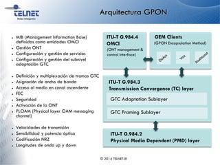 Arquitectura GPON
● MIB (Management Information Base)
definidas como entidades OMCI
● Gestión ONT
● Configuración y gestión de servicios
● Configuración y gestión del subnivel
adaptación GTC
● Definición y multiplexación de tramas GTC
● Asignación de ancho de banda
● Acceso al medio en canal ascendente
● FEC
● Seguridad
● Activación de la ONT
● PLOAM (Physical layer OAM messaging
channel)
● Velocidades de transmisión
● Sensibilidad y potencia óptica
● Codificación NRZ
● Longitudes de onda up y down
© 2014 TELNET-RI
ITU-T G.984.2
Physical Media Dependent (PMD) layer
ITU-T G.984.3
Transmission Convergence (TC) layer
GTC Framing Sublayer
GEM Clients
(ONT management &
control interface)
ITU-T G.984.4
OMCI (GPON Encapsulation Method)
GTC Adaptation Sublayer
 
