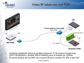 Video RF sobre una red PON
Mediante modulación óptica es posible transportar TV de manera transparente
(CATV 80-862MHz y Satélite 950-2150MHz) sobre la lambda de 1550nm
El usuario dispone de una ONT con un puerto RF para conectar TV, STB, o deco TDT
© 2014 TELNET-RI
OLT
GbE
ONT VPON
Modulador VPON
RF
RF
Cabecera de TV
1er Nivel Splitting y filtro WDM
(2x4 y 2x8)
1490nm
1310nm
1550nm
 