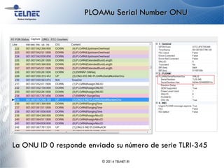 PLOAMu Serial Number ONU
© 2014 TELNET-RI
La ONU ID 0 responde enviado su número de serie TLRI-345
 