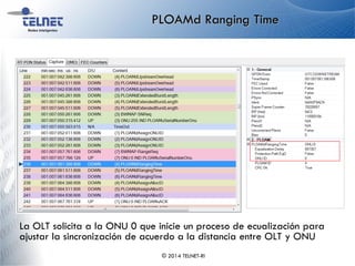 PLOAMd Ranging Time
© 2014 TELNET-RI
La OLT solicita a la ONU 0 que inicie un proceso de ecualización para
ajustar la sincronización de acuerdo a la distancia entre OLT y ONU
 