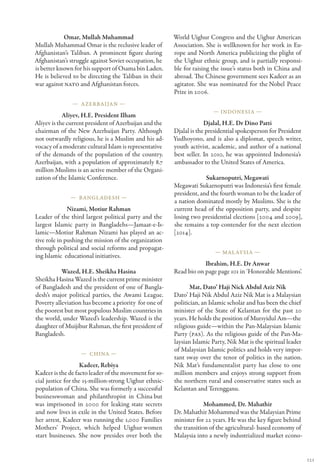 Omar, Mullah Muhammad                       World Uighur Congress and the Uighur American
Mullah Muhammad Omar is the reclusive leader of         Association. She is wellknown for her work in Eu-
Afghanistan’s Taliban. A prominent figure during        rope and North America publicizing the plight of
Afghanistan’s struggle against Soviet occupation, he    the Uighur ethnic group, and is partially responsi-
is better known for his support of Osama bin Laden.     ble for raising the issue’s status both in China and
He is believed to be directing the Taliban in their     abroad. The Chinese government sees Kadeer as an
war against NATO and Afghanistan forces.                agitator. She was nominated for the Nobel Peace
                                                        Prize in 2006.
               — Azerbaijan —
                                                                        — Indonesia —
            Aliyev, H.E. President Ilham
Aliyev is the current president of Azerbaijan and the                Djalal, H.E. Dr Dino Patti
chairman of the New Azerbaijan Party. Although          Djalal is the presidential spokesperson for President
not outwardly religious, he is a Muslim and his ad-     Yudhoyono, and is also a diplomat, speech writer,
vocacy of a moderate cultural Islam is representative   youth activist, academic, and author of a national
of the demands of the population of the country.        best seller. In 2010, he was appointed Indonesia’s
Azerbaijan, with a population of approximately 8.7      ambassador to the United States of America.
million Muslims is an active member of the Organi-
zation of the Islamic Conference.                                    Sukarnoputri, Megawati
                                                        Megawati Sukarnoputri was Indonesia’s first female
                                                        president, and the fourth woman to be the leader of
              — Bangl adesh —
                                                        a nation dominated mostly by Muslims. She is the
              Nizami, Motiur Rahman                     current head of the opposition party, and despite
Leader of the third largest political party and the     losing two presidential elections [2004 and 2009],
largest Islamic party in Bangladehs—Jamaat-e-Is-        she remains a top contender for the next election
lamic—Motiur Rahman Nizami has played an ac-            [2014].
tive role in pushing the mission of the organization
through political and social reforms and propagat-
                                                                         — Mal aysia —
ing Islamic educational initiatives.
                                                                    Ibrahim, H.E. Dr Anwar
           Wazed, H.E. Sheikha Hasina                   Read bio on page page 101 in ‘Honorable Mentions’.
Sheikha Hasina Wazed is the current prime minister
of Bangladesh and the president of one of Bangla-              Mat, Dato’ Haji Nick Abdul Aziz Nik
desh’s major political parties, the Awami League.       Dato’ Haji Nik Abdul Aziz Nik Mat is a Malaysian
Poverty alleviation has become a priority for one of    politician, an Islamic scholar and has been the chief
the poorest but most populous Muslim countries in       minister of the State of Kelantan for the past 20
the world, under Wazed’s leadership. Wazed is the       years. He holds the position of Mursyidul Am—the
daughter of Muijibur Rahman, the first president of     religious guide—within the Pan-Malaysian Islamic
Bangladesh.                                             Party (PAS). As the religious guide of the Pan-Ma-
                                                        laysian Islamic Party, Nik Mat is the spiritual leader
                                                        of Malaysian Islamic politics and holds very impor-
                   — China —
                                                        tant sway over the tenor of politics in the nation.
                    Kadeer, Rebiya                      Nik Mat’s fundamentalist party has close to one
Kadeer is the de facto leader of the movement for so-   million members and enjoys strong support from
cial justice for the 15-million-strong Uighur ethnic-   the northern rural and conservative states such as
population of China. She was formerly a successful      Kelantan and Terengganu.
businesswoman and philanthropist in China but
was imprisoned in 2000 for leaking state secrets                     Mohammed, Dr. Mahathir
and now lives in exile in the United States. Before     Dr. Mahathir Mohammed was the Malaysian Prime
her arrest, Kadeer was running the 1,000 Families       minister for 22 years. He was the key figure behind
Mothers’ Project, which helped Uighur        women      the transition of the agricultural- based economy of
start businesses. She now presides over both the        Malaysia into a newly industrialized market econo-


                                                                                                                 121
 