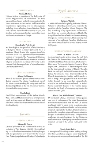 — Switzerl and —
                                                                             North America
                        Maizar, Hisham
      Hisham Maizar is president of the Federation of
                                                                                   — Canada —
      Islamic Organizations of Switzerland. The FIOS
      was established as an umbrella organization for Is-                           Valiante, Wahida
      lamic movements in Switzerland and has member              A social worker and therapist by profession, Wahida
      organizations representing over 100 ethnic groups          Valiante is a founding member, and currently, the
      including Swiss, Albanians, Arabs, Bosnians, Turks,        president of the Canadian Islamic Congress. The
      and Africans. Switzerland has as many as 400,000           CIC is made up of 24 organizations and the CIC’s
      Muslims and is considered to have some of the most         newsletter has 300,000 subscribers worldwide. She
      anti-Islamic sentiments in Europe.                         is a published author of books on theories of family
                                                                 therapy and community issues. She is an outspoken
                                                                 advocate of the rights of Canadian Muslims and
                         — Turkey —
                                                                 also serves as the chair of the Islamic History Month
                    Bardakoglu, Prof. Dr Ali                     in Canada.
      Ali Bardakoglu is the president of the Presidency
      of Religious Affairs in Turkey (Diyanet). He is a
                                                                      — United States of America —
      moderate Islamic leader who supports interfaith
      initiatives and in 2005 appointed two women to the                     Crane, Dr. Robert Dickson
      position of vice mufti. The Presidency of Religious        An American Muslim activist since the early 80’s,
      Affairs has significant influence over the activities of   Dr Crane is the former adviser to the late President
      religious associations and places of worship in the        of the United States Richard Nixon. Dr. Crane was
      country. He is former professor of Islamic law at the      Director of Da’wa at the Islamic Center in Wash-
      University of Marmara.                                     ington, D.C., and served as director of publication
                                                                 in the International Institute of Islamic Thought.
                                                                 From the early 90’s, he headed his own Center for
                  — United Kingdom —
                                                                 Policy Research and was a board member of the
                      Ahsan, Dr Manazir                          United Association for Studies and Research, as
      Ahsan is the director general of the Islamic Foun-         well as being a Managing Editor of its Middle East
      dation, Leicester. The Islamic Foundation is one of        Affairs Journal. He has more than a dozen books
      the oldest centers working for integration and un-         which he has authored or co-authored. Dr. Robert
      derstanding of Islam in the UK. It has many publica-       Crane is currently director of the recently created
      tions and offers many courses.                             Center for the Study of contemporary Muslim So-
                                                                 cieties in Doha, Qatar.
                        Nahdi, Fuad
      Fuad Nahdi is the director of The Radical Middle                 Ghazi, Drs. Abidullah and Tasneema
      Way, a UK-based Muslim initiative set up to promote        Dr Abidullah Ghazi, a prominent writer, speaker
      youth activism, authentic Islamic scholarship and          and poet is cofounder of the IQRA’ International
      education and the development of a distinct British        Educational Foundation with his wife Dr Tasnee-
      Muslim identity.                                           ma Ghazi. IQRA’ is a non-profit organization that
                                                                 creates Islamic studies textbooks and educational
                                                                 materials especially for children. The institution has
                                                                 produced a complete system of Islamic education
                          Oceania                                for part and full time schools and a comprehensive
                                                                 madrasah integrated program for the Singapore
                                                                 madrasah system. IQRA’s programs and educational
                     — New Ze al and —
                                                                 materials are used in the United States, and world-
                      Ghani, Dr Anwar                            wide.
      Ghani is president of the Federation of Islamic As-
      sociations of New Zealand (FIANZ). His work lead-                         Hendi, Imam Yahya
      ing FIANZ has been considerable; building bridges          A strong interfaith dialog activist, seeking to bring
      with the government as well as with the broader            the three Abrahamic religions closer together by
      New Zealand population and leaders of other faiths.        focusing on the commonalities instead of the dif-

130
 