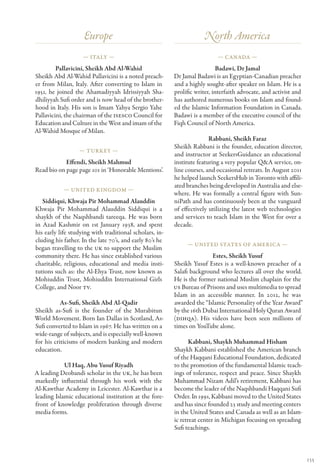 Europe                                            North America
                    — Italy —                                               — Canada —

         Pallavicini, Sheikh Abd Al-Wahid                                    Badawi, Dr Jamal
Sheikh Abd Al-Wahid Pallavicini is a noted preach-        Dr Jamal Badawi is an Egyptian-Canadian preacher
er from Milan, Italy. After converting to Islam in        and a highly sought-after speaker on Islam. He is a
1951, he joined the Ahamadiyyah Idrissiyyah Sha-          prolific writer, interfaith advocate, and activist and
dhiliyyah Sufi order and is now head of the brother-      has authored numerous books on Islam and found-
hood in Italy. His son is Imam Yahya Sergio Yahe          ed the Islamic Information Foundation in Canada.
Pallavicini, the chairman of the ISESCO Council for       Badawi is a member of the executive council of the
Education and Culture in the West and imam of the         Fiqh Council of North America.
Al-Wahid Mosque of Milan.
                                                                         Rabbani, Sheikh Faraz
                                                          Sheikh Rabbani is the founder, education director,
                  — Turkey —
                                                          and instructor at SeekersGuidance an educational
            Effendi, Sheikh Mahmud                        institute featuring a very popular Q&A service, on-
Read bio on page page 101 in ‘Honorable Mentions’.        line courses, and occasional retreats. In August 2011
                                                          he helped launch SeekersHub in Toronto with affili-
                                                          ated branches being developed in Australia and else-
            — United Kingdom —
                                                          where. He was formally a central figure with Sun-
   Siddiqui, Khwaja Pir Mohammad Alauddin                 niPath and has continuously been at the vanguard
Khwaja Pir Mohammad Alauddin Siddiqui is a                of effectively utilizing the latest web technologies
shaykh of the Naqshbandi tareeqa. He was born             and services to teach Islam in the West for over a
in Azad Kashmir on 1st January 1938, and spent            decade.
his early life studying with traditional scholars, in-
cluding his father. In the late 70’s, and early 80’s he
                                                               — United States of America —
began travelling to the UK to support the Muslim
community there. He has since established various                        Estes, Sheikh Yusuf
charitable, religious, educational and media insti-       Sheikh Yusuf Estes is a well-known preacher of a
tutions such as: the Al-Ehya Trust, now known as          Salafi background who lectures all over the world.
Mohiuddin Trust, Mohiuddin International Girls            He is the former national Muslim chaplain for the
College, and Noor TV.                                     US Bureau of Prisons and uses multimedia to spread
                                                          Islam in an accessible manner. In 2012, he was
           As-Sufi, Sheikh Abd Al-Qadir                   awarded the “Islamic Personality of the Year Award”
Sheikh as-Sufi is the founder of the Murabitun            by the 16th Dubai International Holy Quran Award
World Movement. Born Ian Dallas in Scotland, As-          (DIHQA). His videos have been seen millions of
Sufi converted to Islam in 1967. He has written on a      times on YouTube alone.
wide-range of subjects, and is especially well-known
for his criticisms of modern banking and modern                  Kabbani, Shaykh Muhammad Hisham
education.                                                Shaykh Kabbani established the American branch
                                                          of the Haqqani Educational Foundation, dedicated
            Ul Haq, Abu Yusuf Riyadh                      to the promotion of the fundamental Islamic teach-
A leading Deobandi scholar in the UK, he has been         ings of tolerance, respect and peace. Since Shaykh
markedly influential through his work with the            Muhammad Nizam Adil’s retirement, Kabbani has
Al-Kawthar Academy in Leicester. Al-Kawthar is a          become the leader of the Naqshbandi Haqqani Sufi
leading Islamic educational institution at the fore-      Order. In 1991, Kabbani moved to the United States
front of knowledge proliferation through diverse          and has since founded 23 study and meeting centers
media forms.                                              in the United States and Canada as well as an Islam-
                                                          ic retreat center in Michigan focusing on spreading
                                                          Sufi teachings.



                                                                                                                   135
 