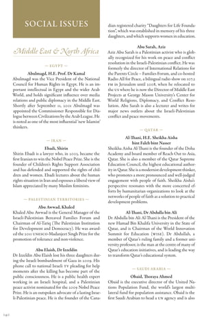 Social Issues                                      dian registered charity “Daughters for Life Founda-
                                                                tion”, which was established in memory of his three
                                                                daughters, and which supports women in education.

                                                                                  Abu Sarah, Aziz
      Middle East & North Africa                                Aziz Abu Sarah is a Palestinian activist who is glob-
                                                                ally recognized for his work on peace and conflict
                                                                resolution in the Israeli-Palestinian conflict. He was
                         — Egypt —
                                                                formerly the director of International Relations for
               Abulmagd, H.E. Prof. Dr Kamal                    the Parents Circle – Families Forum, and co-hosted
      Abulmagd was the Vice President of the National           Radio All for Peace, a bilingual radio show on 107.2
      Council for Human Rights in Egypt. He is an im-           FM in Jerusalem until 2008, when he relocated to
      portant intellectual in Egypt and the wider Arab          the US where he is now the Director of Middle East
      World, and holds significant influence over media         Projects at George Mason University’s Center for
      relations and public diplomacy in the Middle East.        World Religions, Diplomacy, and Conflict Reso-
      Shortly after September 11, 2001 Abulmagd was             lution. Abu Sarah is also a lecturer and writes for
      appointed the Commissioner Responsible for Dia-           major news outlets about the Israeli-Palestinian
      logue between Civilizations by the Arab League. He        conflict and peace movements.
      is noted as one of the most influential ‘new Islamist’
      thinkers.
                                                                                   — Qatar —

                                                                           Al-Thani, H.E. Sheikha Aisha
                          — Ir an —
                                                                                bint Faleh bint Nasser
                           Ebadi, Shirin                        Sheikha Aisha Al-Thani is the founder of the Doha
      Shirin Ebadi is a lawyer who, in 2003, became the         Academy and board member of Reach Out to Asia,
      first Iranian to win the Nobel Peace Prize. She is the    Qatar. She is also a member of the Qatar Supreme
      founder of Children’s Rights Support Association          Education Council, the highest educational author-
      and has defended and supported the rights of chil-        ity in Qatar. She is a modernist development thinker,
      dren and women. Ebadi lectures about the human            who promotes a more pronounced and well-judged
      rights situation in Iran and espouses a liberal view of   engagement with people of faith. Sheikha Aisha’s
      Islam appreciated by many Muslim feminists.               perspective resonates with the more concerted ef-
                                                                forts by humanitarian organizations to look at the
                                                                networks of people of faith as a solution to practical
            — Palestinian Territories —
                                                                development problems.
                      Abu Awwad, Khaled
      Khaled Abu Awwad is the General Manager of the                       Al-Thani, Dr Abdulla bin Ali
      Israeli-Palestinian Bereaved Families Forum and           Dr Abdulla bin Ali Al-Thani is the President of the
      Chairman of Al-Tariq (The Palestinian Institution         new Hamad Bin Khalifa University in the State of
      for Development and Democracy). He was award-             Qatar, and is Chairman of the World Innovation
      ed the 2011 UNESCO-Madanjeet Singh Prize for the          Summit for Education (WISE). Dr Abdullah, a
      promotion of tolerance and non-violence.                  member of Qatar’s ruling family and a former uni-
                                                                versity professor, is the man at the centre of many of
                    Abu Elaish, Dr Izzeldin                     Qatar’s education initiatives, and is leading the way
      Dr Izzeldin Abu Elaish lost his three daughters dur-      to transform Qatar’s educational system.
      ing the Israeli bombardment of Gaza in 2009. His
      phone call to national Israeli TV pleading for help
                                                                              — Saudi Ar abia —
      moments after the killing has become part of the
      public consciousness. He is a public health expert                      Obaid, Thoraya Ahmed
      working in an Israeli hospital, and a Palestinian         Obaid is the executive director of the United Na-
      peace activist nominated for the 2009 Nobel Peace         tions Population Fund, the world’s largest multi-
      Prize. He is an outspoken advocate of a lasting Israe-    lateral fund for population assistance. Obaid is the
      li-Palestinian peace. He is the founder of the Cana-      first Saudi Arabian to head a UN agency and is also


140
 