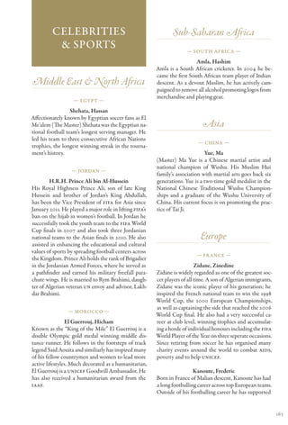 Celebrities                                            Sub-Saharan Africa
          & Sports                                                     — South Africa —

                                                                           Amla, Hashim
                                                         Amla is a South African cricketer. In 2004 he be-
                                                         came the first South African team player of Indian
Middle East & North Africa                               descent. As a devout Muslim, he has actively cam-
                                                         paigned to remove all alcohol promoting logos from
                                                         merchandise and playing gear.
                   — Egypt —

                  Shehata, Hassan
Affectionately known by Egyptian soccer fans as El
Me’alem (The Master) Shehata was the Egyptian na-                             Asia
tional football team’s longest serving manager. He
led his team to three consecutive African Nations
                                                                            — China —
trophies, the longest winning streak in the tourna-
ment’s history.                                                                Yue, Ma
                                                         (Master) Ma Yue is a Chinese martial artist and
                                                         national champion of Wushu. His Muslim Hui
                  — Jordan —
                                                         family’s association with martial arts goes back six
        H.R.H. Prince Ali bin Al-Hussein                 generations. Yue is a two-time gold medalist in the
His Royal Highness Prince Ali, son of late King          National Chinese Traditional Wushu Champion-
Hussein and brother of Jordan’s King Abdullah,           ships and a graduate of the Wushu University of
has been the Vice President of FIFA for Asia since       China. His current focus is on promoting the prac-
January 2011. He played a major role in lifting FIFA’s   tice of Tai Ji.
ban on the hijab in women’s football. In Jordan he
successfully took the youth team to the FIFA World
Cup finals in 2007 and also took three Jordanian
national teams to the Asian finals in 2010. He also                          Europe
assisted in enhancing the educational and cultural
values of sports by spreading football centers across
                                                                           — Fr ance —
the Kingdom. Prince Ali holds the rank of Brigadier
in the Jordanian Armed Forces, where he served as                           Zidane, Zinedine
a pathfinder and earned his military freefall para-      Zidane is widely regarded as one of the greatest soc-
chute wings. He is married to Rym Brahimi, daugh-        cer players of all time. A son of Algerian immigrants,
ter of Algerian veteran UN envoy and advisor, Lakh-      Zidane was the iconic player of his generation; he
dar Brahimi.                                             inspired the French national team to win the 1998
                                                         World Cup, the 2000 European Championships,
                                                         as well as captaining the side that reached the 2006
                 — Morocco —
                                                         World Cup final. He also had a very successful ca-
                El Guerrouj, Hicham                      reer at club level, winning trophies and accumulat-
Known as the “King of the Mile” El Guerrouj is a         ing a horde of individual honours including the FIFA
double Olympic gold medal winning middle dis-            World Player of the Year on three seperate occasions.
tance runner. He follows in the footsteps of track       Since retiring from soccer he has organised many
legend Said Aouita and similiarly has inspired many      charity events around the world to combat AIDS,
of his fellow countrymen and women to lead more          poverty and to help UNICEF.
active lifestyles. Much decorated as a humanitarian,
El Guerrouj is a UNICEF Goodwill Ambassador. He                           Kanoute, Frederic
has also received a humanitarian award from the          Born in France of Malian descent, Kanoute has had
IAAF.                                                    a long footballing career across top European teams.
                                                         Outside of his footballing career he has supported


                                                                                                                  163
 