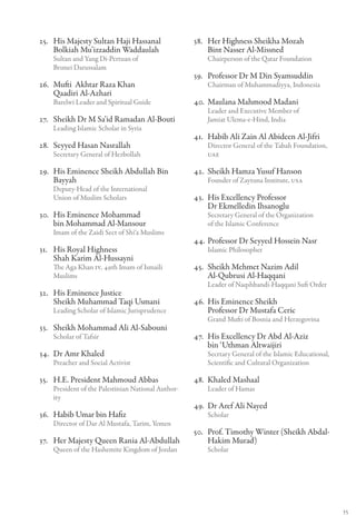25.	 His Majesty Sultan Haji Hassanal               38.	 Her Highness Sheikha Mozah
     Bolkiah Mu’izzaddin Waddaulah                       Bint Nasser Al-Missned
    Sultan and Yang Di-Pertuan of                       Chairperson of the Qatar Foundation
    Brunei Darussalam
                                                    39.	 Professor Dr M Din Syamsuddin
26.	 Mufti Akhtar Raza Khan                             Chairman of Muhammadiyya, Indonesia
     Qaadiri Al-Azhari
    Barelwi Leader and Spiritual Guide              40.	 Maulana Mahmood Madani
                                                        Leader and Executive Member of
27.	 Sheikh Dr M Sa’id Ramadan Al-Bouti                 Jamiat Ulema-e-Hind, India
    Leading Islamic Scholar in Syria
                                                    41.	 Habib Ali Zain Al Abideen Al-Jifri
28.	 Seyyed Hasan Nasrallah                             Director General of the Tabah Foundation,
    Secretary General of Hezbollah                      UAE

29.	 His Eminence Sheikh Abdullah Bin               42.	 Sheikh Hamza Yusuf Hanson
     Bayyah                                             Founder of Zaytuna Institute, USA
    Deputy-Head of the International
    Union of Muslim Scholars                        43.	 His Excellency Professor
                                                         Dr Ekmelledin Ihsanoglu
30.	 His Eminence Mohammad                              Secretary General of the Organization
     bin Mohammad Al-Mansour                            of the Islamic Conference
    Imam of the Zaidi Sect of Shi‘a Muslims
                                                    44.	 Professor Dr Seyyed Hossein Nasr
31.	 His Royal Highness                                 Islamic Philosopher
     Shah Karim Al-Hussayni
    The Aga Khan IV, 49th Imam of Ismaili           45.	 Sheikh Mehmet Nazim Adil
    Muslims                                              Al-Qubrusi Al-Haqqani
                                                        Leader of Naqshbandi-Haqqani Sufi Order
32.	 His Eminence Justice
     Sheikh Muhammad Taqi Usmani                    46.	 His Eminence Sheikh
    Leading Scholar of Islamic Jurisprudence             Professor Dr Mustafa Ceric
                                                        Grand Mufti of Bosnia and Herzegovina
33.	 Sheikh Mohammad Ali Al-Sabouni
    Scholar of Tafsir                               47.	 His Excellency Dr Abd Al-Aziz
                                                         bin ‘Uthman Altwaijiri
34.	 Dr Amr Khaled                                      Secrtary General of the Islamic Educational,
    Preacher and Social Activist                        Scientific and Cultural Organization

35.	 H.E. President Mahmoud Abbas                   48.	 Khaled Mashaal
    President of the Palestinian National Author-       Leader of Hamas
    ity
                                                    49.	 Dr Aref Ali Nayed
36.	 Habib Umar bin Hafiz                               Scholar
    Director of Dar Al Mustafa, Tarim, Yemen
                                                    50.	 Prof. Timothy Winter (Sheikh Abdal-
37.	 Her Majesty Queen Rania Al-Abdullah                 Hakim Murad)
    Queen of the Hashemite Kingdom of Jordan            Scholar




                                                                                                       35
 