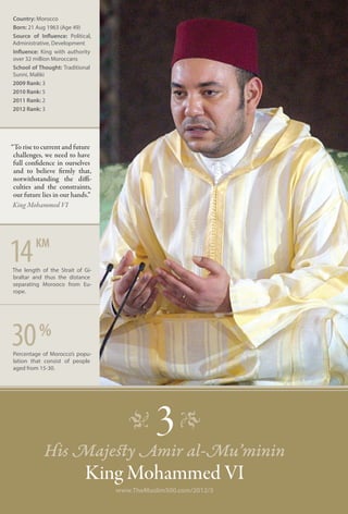 Country: Morocco
Born: 21 Aug 1963 (Age 49)
Source of Influence: Political,
Administrative, Development
Influence: King with authority
over 32 million Moroccans
School of Thought: Traditional
Sunni, Maliki
2009 Rank: 3
2010 Rank: 5
2011 Rank: 2
2012 Rank: 3




“To rise to current and future
 challenges, we need to have
 full confidence in ourselves
 and to believe firmly that,
 notwithstanding the diffi-
 culties and the constraints,
 our future lies in our hands.”
 King Mohammed VI




14       km
The length of the Strait of Gi-
braltar and thus the distance
separating Morooco from Eu-
rope.




30 %
Percentage of Morocco’s popu-
lation that consist of people
aged from 15-30.




                                     �
            His Majesty Amir al-Mu’minin
                                            3 �
                            King Mohammed VI
                                  www.TheMuslim500.com/2012/3
 