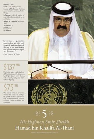 Country: Qatar
Born: 1 Jan 1952 (Age 60)
Source of Influence: Political,
Administrative, Lineage, Philan-
thropy
Influence: Political leader of
over 1.5 million residents of oil-
rich Qatar
School of Thought: Moderate
Salafi
2010 Rank: 21
2011 Rank: 6
2012 Rank: 5




“Approving a permanent
 constitution sets the basis
 for a civic society and people
 sharing in decision-making
 that guarantees public rights
 and freedoms”
 Emir Hamad Al Thani




$137                mil
The initial grant made by Emir
Al-Thani to establish Al-Jazeera,
funding it by an emiri decree,
with several year-by-year loans
to keep it going.




$75               bil
The record amount of invest-
ments the Emir has pledged
to spend for the 2022 World
Cup for infrastructure, facilities,
tourism, communications and
transport.                                                          © Richard Drew / AP




                                         �      5 �
                           His Highness Emir Sheikh
                   Hamad bin Khalifa Al-Thani
                                      www.TheMuslim500.com/2012/5
 