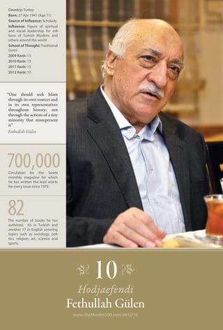 Country: Turkey
Born: 27 Apr 1941 (Age 71)
Source of Influence: Scholarly
Influence: Figure of spiritual
and social leadership for mil-
lions of Turkish Muslims and
others around the world
School of Thought: Traditional
Sunni
2009 Rank: 13
2010 Rank: 13
2011 Rank: 15
2012 Rank: 10




“One should seek Islam
 through its own sources and
 in its own representatives
 throughout history; not
 through the actions of a tiny
 minority that misrepresent
 it”
 Fethullah Gülen




700,000
Circulation for the Sızıntı
monthly magazine for which
he has written the lead article
for every issue since 1979.




82
The number of books he has
authored, 65 in Turkish and
another 17 in English covering
topics such as sociology, poli-
tics, religion, art, science and
sports.




                                     �      10 �
                                     Hodjaefendi
                                   Fethullah Gülen
                                    www.TheMuslim500.com/2012/10
 