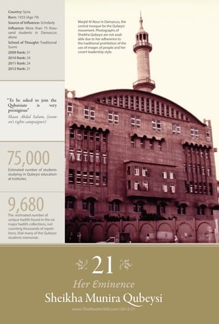 Country: Syria
Born: 1933 (Age 79)
Source of Influence: Scholarly      Masjid Al-Nour in Damascus, the
                                    central mosque for the Qubeysi
Influence: More than 75 thou-
                                    movement. Photographs of
sand students in Damascus
                                    Sheikha Qubeysi are not avail-
alone                               able due to her adherence to
School of Thought: Traditional      the traditional prohibition of the
Sunni                               use of images of people and her
2009 Rank: 31                       covert leadership style.
2010 Rank: 24
2011 Rank: 24
2012 Rank: 21




“To be asked to join the
Qubaisiate         is    very
 prestigious”
Maan Abdul Salam, (wom-
 en’s rights campaigner)




75,000
Estimated number of students
studying in Qubeysi education-
al institutes.




9,680
The estimated number of
unique hadith found in the six
major hadith collections, not
counting thousands of repeti-
tions, that many of the Qubeysi
students memorize.




                                   �        21 �
                                  Her Eminence
                       Sheikha Munira �ubeysi
                                  www.TheMuslim500.com/2012/21
 