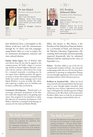 �
                             34 �                                               �
                                                                                     35 �
                        Dr Amr Khaled                                           H.E. President
                        Preacher and Social Activist                            Mahmoud Abbas
                        Country: Egypt                                          President of the Palestinian
                        Born: 5 Sept 1967 (Age 45)                              National Authority
                        Influence: Media, Youth. Popular
                        multimedia preacher with highly                         Country: Palestine
                        visited website and social network                      Born: 26 March 1935 (age 77) in
                        following.                                              Galilee, Israel.
                        School of Thought: Traditional                          Influence: Political. One of the
     Rank:              Sunni                                Rank:              founders of Fatah, and leading
     2009: 14                                                2009: Top 500      peace negotiator in the Palestine-
     2010: 15                                                2010: Top 500      Israel conflict.
     2011: 21                                                2011: 36           School of Thought: Sunni
     2012: 34                                                2012: 35




     Amr Khaled has been a televangelist to the              Abbas, also known as Abu Mazen, is the
     Islamic world since 1998. He communicates               President of the Palestinian National Author-
     through his TV shows and web campaigns                  ity a co-founder of Fatah, and chairman of
     using Islamic ethics as a way to inspire, fos-          the Palestine Liberation Organization. His
     ter community development, tolerance and                standing, both nationally and internationally,
     inter-cultural relations.                               improved dramatically after he submitted
                                                             Palestine’s bid for statehood at the UNGA in
     Popular Media Figure: Part of Khaled’s influ-           September 2011.
     ence derives from the fact that he appeals to the
     common person. He holds a degree in account-            Politics:   President Abbas is one of the few sur-
     ing, and has no formal religious education; wears       viving founder members of Fatah - the main polit-
     suits and ties, and has a clean-shaven face except      ical grouping within the PLO. He has always been
     for a trimmed moustache—everything you do               committed to pursuing an independent Palestin-
     not expect from a Muslim preacher. He appears           ian state through negotiations and was one of the
     on many TV shows. His website is translated from        principal architects of the Oslo peace process.
     Arabic into nearly twenty languages and it rivals
     Oprah Winfrey’s in terms of traffic. His videos         Problems & Statehood Bid:   Abbas has faced
     have racked up 33 million views on YouTube, and         many internal and external problems but has man-
     he boasts 5 million likes on Facebook.                  aged to come through largely unscathed. After
                                                             seeing that years of peace negotiations were lead-
     Community Development:   Khaled’s goal is to            ing to nothing but the relentless growth of illegal
     encourage community development in the Mus-             settlements in the West Bank and East Jerusalem,
     lim world with religious faith as the guiding inspi-    President Abbas chose to look for an alternative
     ration. One program he has launched to realize          strategy: submitting a statehood bid at the UN.
     this objective of community development is Life
     Makers, which has a stated goal of producing a re-
     naissance for the Arab and Muslim Worlds.




          The Arab Summer?                                        The Arab Summer?
       •• Amr Khaled was with the protestors in Tahrir         •• Has said: ‘We Palestinians have always been at
          Square and supported the revolutions that               the heart of the movement of Arab peoples
          took place in the Arab World.                           aspiring to freedom … We have always been
       •• His subsequent founding of a political party            committed to democratic traditions, respected
          has caused him to lose much of his wide-ap-             pluralism and the freedom of opinion and ex-
          peal, and so his influence has declined sharply.        pression, and this has long been a source of
                                                                  pride for us and a source of inspiration for our
90                                                                brothers from other Arab nations’.
 