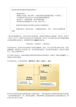 波罗和布鲁诺无数次听到相同的借口。

      "我没有时间。"
      "我朋友告诉我，我认识的一个朋友的朋友试图建造管道，但失败了..."
      "只有那些很早加入的人才可以从管道那里赚到钱。"
      "我这辈子一直都提水桶，我只想维持现状。"
      "我知道在管道的骗局中亏了钱，我可不会。"

      柏波罗和布鲁诺为许多缺乏远见的人而感到悲哀。

      但他们承认，他们生活在一个提桶的世界里，只有一小部分人敢做管道
   的梦。


一般人所希望拥有的，比如买东西不用看价格、环游世界或每年出国旅游一两次等，离不开
“自由”两个字。财务自由让你买东西不用看价格，时间与工作区域上的自由让你随时随地
可以到你想要去的地方。而获得所有自由建议
                  建议的过程是：
                  建议

             时间自由-〉区域自由 -〉财务自由

先有时间自由，是因为只有这样你才有机会接触更广泛的、更与众不同的人脉与资讯。再次
温馨提醒：如果別人工作你也工作，別人休息你也休息，別人娱乐你也娱乐，那么別人得到
什么，你也只能得到什么。

有了时间上的自由，再看看你能不能利用高科技杠杆你的事业，即找寻“睡觉也能赚钱”之
类的收入或作业模式。

至于财务自由，它其实很简单：财务自由 = 收入（永远）〉支出
              财务自由 收入（永远）〉支出。
                          ）〉支出




你可以在业余时间进行创造被动收入管道的动作，当你的被动收入管道的净现金流多过你的
“卖时间换取的收入”时，你就有选择权 - 继续两种收入或通过被动收入管道获取自由，然
后设立更大的人生目标。
 
