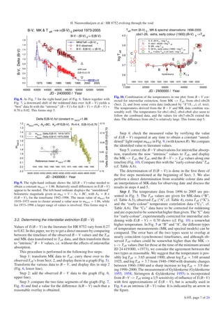 H. Nieuwenhuijzen et al.: HR 8752 evolving through the void

                            B-V; MK & T               ->s->(B-V) 0 period 1973-2005                                                                            T eff from (B-V) 0 , MK & spectral observations: 1896-2005
                                                eff
                                                                                                                                                         4.0          obs1-26, extra, early colour (1900):(B-V)                    0   ->T eff
                                                                      B-V - (B-V) 0-> E(B-V)
                      1.8                                                                                                                                                       D, E: (B-V) 0 ->log T eff
                                                                          MK&Teff-->(B-V) 0                                                                                     A: obs1- obs26 ->log T eff
                      1.6                                                 B-V observed                                                                   3.9                    B: MK ->log T eff
                      1.4                                                 B-V - E(B-V) -> (B-V)                                                                                 C: (B-V) 0 early colour (1900) ->log T eff
   B-V, Delta (B-V)




                                                                                                    0                                                                                                                                   A




                                                                                                                                             log T eff
                                                                                                                                                                                X1-4 : 4 extra T eff ’s (cf. text) ->log T eff
                      1.2                                                                                                                                3.8
                                                                                                                                                                  C
                      1.0                                                                                                                                                                                     E
                      0.8                                                                                                                                                                                                          D
                                                                                                                                                         3.7
                      0.6                                                   shift over                                                                                                      B
                                                                            E(B-V)=0.70
                      0.4
                                                                                                                                                         3.6                                    Gyldenkerne                X1-4
                      0.2
                                                                                                                                                                  1900 1910 1920 1930 1940 1950 1960 1970 1980 1990 2000
                      0.0           1975     1980      1985     1990     1995      2000      2005
                                                                                                                                                         3.5
                                                                                                                                                          11000            22000                33000                   44000            55000
                      40000      42000     44000      46000    48000     50000       52000      54000
                                                                                                                                                                                JD - 2400000 / Year
                                                 JD - 2400000 / Year
                                                                                                                                           Fig. 10. Combination of the temperatures in one plot: from B − V cor-
Fig. 8. As Fig. 7 for the right-hand part of Fig. 6. Taken together with                                                                   rected for interstellar extinction, from MK –> T eﬀ , from obs1-obs26
Fig. 7, a downward shift of the reddened data over Δ(B − V) yields a                                                                       (Sect. 2), and from some extra data (indicated by “X”(X1−4 ), cf. text).
“best” data ﬁt with the “intrinsic” (B − V)’s for Δ(B − V) = E(B − V) =                                                                    The temperatures derived from the B − V and MK data combine rea-
0.70 ± 0.02. This forms step 3.                                                                                                            sonably well. The temperatures for obs1-obs2, obs4-obs6 also seem to
                                                                                                                                           follow the combined data, and the values for obs7-obs26 extend the
                                    Delta E(B-V) for constant m          bol,0 =1.86                                                       data. The diﬀerence from obs2 is relatively large. This forms step 5.
               1.2          mbol,0 =mV -AV+BC; AV=R*E(B-V), R=4.4; E(B-V)=0.70                    -0.15
               1.3
                                                                                                          Delta E(B-V) with E(B-V)0=0.70




               1.4
                                   m bol,0 , Delta E(B-V) 1919-1973                               -0.10                                        Step 4: check the measured value by verifying the value
               1.5                 m bol,0 , Delta E(B-V) 1973-2006                                                                        of E(B − V) required at any time to obtain a constant “unred-
               1.6                                                                                                                         dened” light output mbol,0 in Fig. 9, (with known R). We compare
m bol,0




                                                                                                  -0.05
               1.7                                                                                                                         the identiﬁed value to literature values.
               1.8
                                                                                                  0.00
                                                                                                                                               Step 5: correct the B − V observations for interstellar absorp-
               1.9                                                                                                                         tion, transform the now “intrinsic” values to T eﬀ , and display
               2.0                                                                                                                         the MK –> T eﬀ , the T eﬀ , and the B − V− > T eﬀ values along one
                                   Reference mean m bol,0 =1.86                                   0.05
               2.1                                                                                                                         timeline (Fig. 10). Compare this with the “early-colour-data” T eﬀ
               2.2              1945 1950 1955 1960 1965 1970 1975 1980 1985 1990 1995                                                     (cf. Table A.6).
               2.3                                                                                0.10                                         The determination of E(B − V) is done in the ﬁrst three of
                            30000 32000 34000 36000 38000 40000 42000 44000 46000 48000 50000
                                                                                                                                           the ﬁve steps mentioned at the beginning of Sect. 3. We also
                                             JD - 2400000 / Year
                                                                                                                                           perform a direct determination from available colour data and
Fig. 9. The right-hand ordinate shows the ΔE(B − V)-value needed to                                                                        an interpolation of MK-data for observing date and discuss the
obtain a constant mbol,0 = 1.86. Relatively small diﬀerences in E(B − V)                                                                   results in steps 4 and 5.
appear to be needed. The left-hand ordinate displays the “unreddened”                                                                          Step 1. The temperature data from 1896 to 2005 are pre-
bolometric magnitude given as mbol = V − AV + BC, with AV = R ×
E(B − V), for the timeframe 1942–1996. The mean value of mbol,0 for
                                                                                                                                           sented in Fig. 5. The T eﬀ values are given for MK-data (“B”,
1919–1973 seem to cluster around a value near to mbol,0 = 1.86, while                                                                      cf. Table A.5), observed T eﬀ (“A”, cf. Table 4), extra T eﬀ (“X”),
for 1973–1996 a larger range of values is involved. This forms step 4.                                                                     and the “early-colour” temperature correlation data (“CT ”, cf.
                                                                                                                                           Table A.6). The “CT ” data have to be corrected for reddening
                                                                                                                                           and are expected to be somewhat higher than given. The “C” data
                                                                                                                                           for “early-colour”, experimentally corrected for interstellar red-
3.2. Determining the interstellar extinction E(B – V)                                                                                      dening with E(B − V) = 0.70 shows (cf. Fig. 10) a somewhat
                                                                                                                                           higher temperature. In Fig. 5 at “B” and “A”, the diﬀerent types
Values of E(B − V) in the literature for HR 8752 vary from 0.27                                                                            of temperature measurements (MK and spectral models) can be
to 0.82. In this paper, we try to get a direct measure by comparing                                                                        compared. The error bars of the two types seem to overlap at
between the timelines of the observed B − V values and the T eﬀ                                                                            nearly coincident (synchronous) timeframes, and although ob-
and MK data transformed to T eﬀ data, and then transform them                                                                              served T eﬀ -values could be somewhat higher than the MK –>
to “intrinsic” B − V values, i.e. without the eﬀects of interstellar                                                                       s –> T eﬀ values (but for those at the time of the minimum around
absorption.                                                                                                                                JD 24 419 000, ≈1973), we consider the agreement between the
    This procedure is performed in the following ﬁve steps:                                                                                two types as reasonable. We suggest that the temperature is pos-
    Step 1: transform MK data to T eﬀ ; carry these over to the                                                                            sibly log T eﬀ = 3.65 around 1900, about log T eﬀ = 3.68 around
observed T eﬀ ’s from Sect. 2, and display them in a graph (Fig. 5).                                                                       1925, and log T eﬀ = 3.7 from 1940–1960 with dramatic changes
Transform the various data to B − V, and display this in step 2                                                                            between 1960–1980 and a sharp increase to log T eﬀ = 3.9 dur-
(Fig. 6, lower line).                                                                                                                      ing 1990–2000. The measurement of Gyldenkerne (Gyldenkerne
    Step 2: add the observed B − V data to the graph (Fig. 6,                                                                              1955, 1958; Strömgren & Gyldenkerne 1955) is incorporated
upper line).                                                                                                                               from B−V –> T eﬀ using a 1/5 sensitivity of inﬂuence of E(B−V)
    Step 3: compare the two time segments of the graph (Fig. 7,                                                                            with ﬁrst approximations of E(B − V), but is actually used in
Fig. 8) and ﬁnd a value for the diﬀerence Δ(B − V) such that a                                                                             Fig. 6 as an intrinsic (B − V) value. It is indicated by an arrow in
reasonable overlay is obtained.                                                                                                            the ﬁgure.
                                                                                                                                                                                                                            A105, page 7 of 24
 