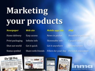 Marketing
your products
Newspaper         Web site             Mobile app/site     iPad

Home delivery     Easy access          News in pocket      Beautiful experience

Print packaging   Infinite info        Skimmable info      Curated info

Shut out world    Get it quick         Get it anywhere     Second screen

Status symbol     Share with friends   Fillers for your day Personal enjoyment
 