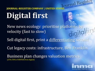 JOURNAL-REGISTER COMPANY | UNITED STATES


Digital first
New news ecology: prioritise platforms by
velocity (fast to slow)
Sell digital first, print a differentiating second
Cut legacy costs: infrastructure, Ben Franklin
Business plan changes valuation metrics
(25%-50% of EBITDA from digital)
 